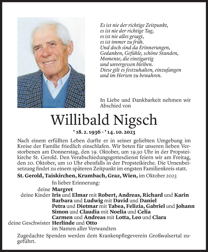  Todesanzeige für Willibald Nigsch vom 17.10.2023 aus Vorarlberger Nachrichten