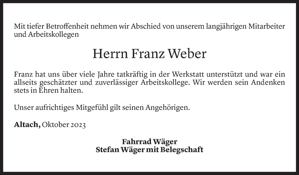  Todesanzeige für Franz Weber vom 07.10.2023 aus Vorarlberger Nachrichten