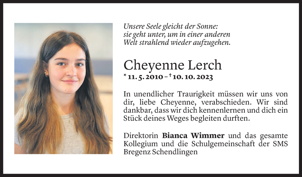  Todesanzeige für Cheyenne Lerch vom 20.10.2023 aus Vorarlberger Nachrichten