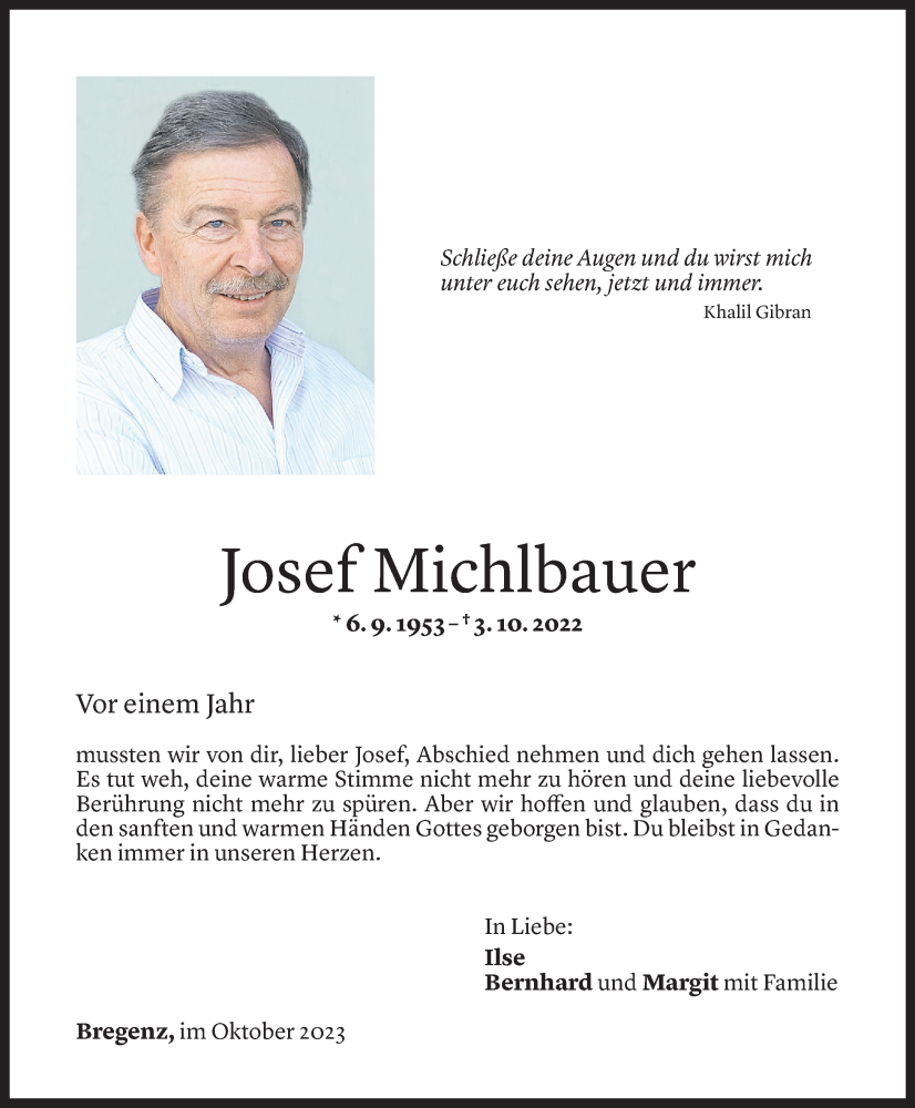 Todesanzeige für Josef Michlbauer vom 03.10.2023 aus Vorarlberger Nachrichten