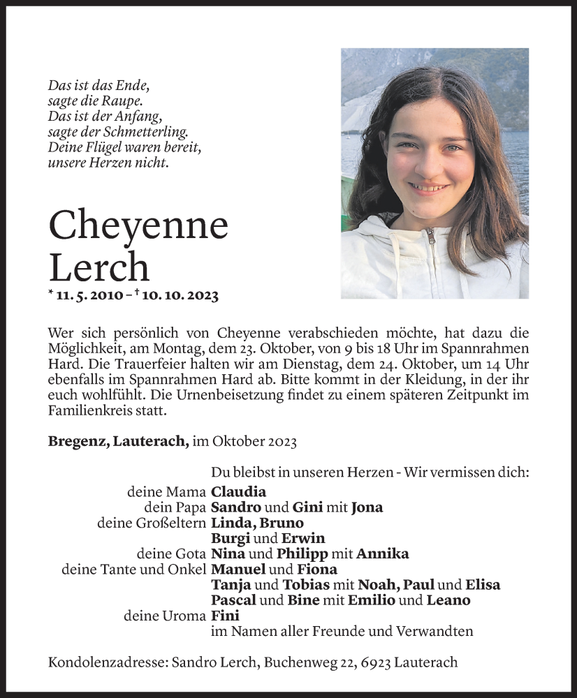  Todesanzeige für Cheyenne Lerch vom 20.10.2023 aus Vorarlberger Nachrichten