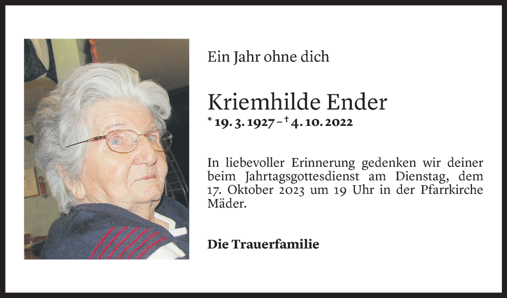  Todesanzeige für Kriemhilde Ender vom 04.10.2023 aus Vorarlberger Nachrichten