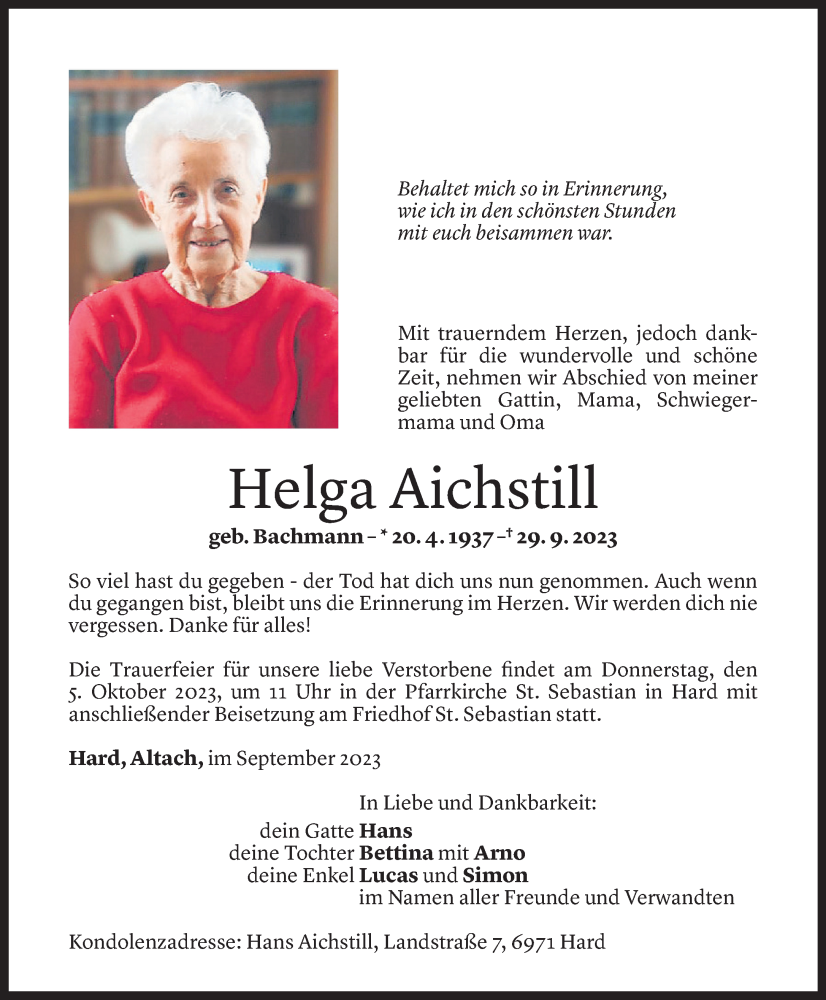  Todesanzeige für Helga Aichstill vom 03.10.2023 aus Vorarlberger Nachrichten