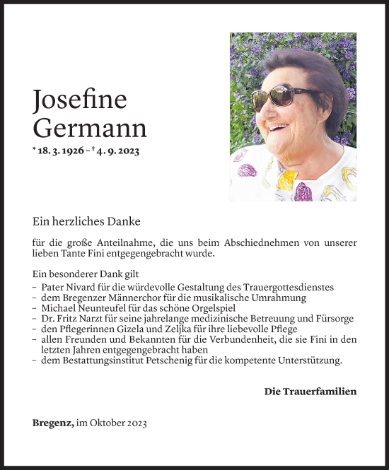 Todesanzeige von Josefine Germann von Vorarlberger Nachrichten