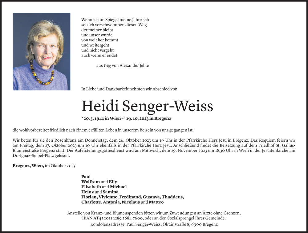  Todesanzeige für Heidegunde Senger-Weiss vom 21.10.2023 aus Vorarlberger Nachrichten