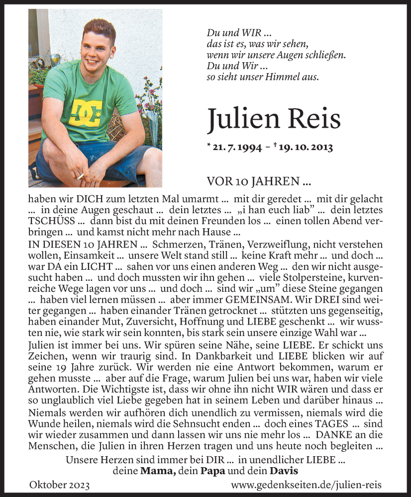  Todesanzeige für Julien Reis vom 19.10.2023 aus Vorarlberger Nachrichten