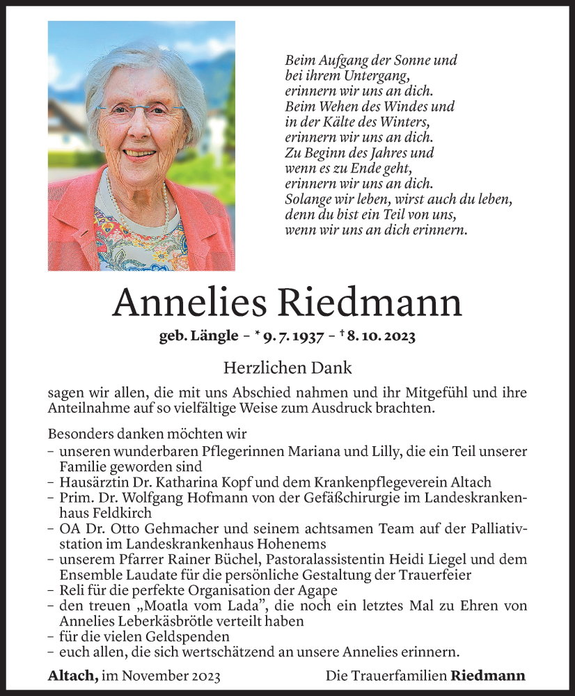 Todesanzeigen von Annelies Riedmann | Todesanzeigen Vorarlberger ...