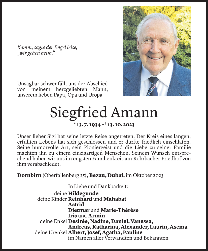  Todesanzeige für Siegfried Amann vom 25.10.2023 aus Vorarlberger Nachrichten