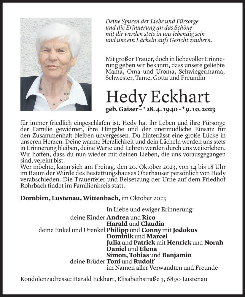  Todesanzeige für Hedwig Eckhart vom 13.10.2023 aus Vorarlberger Nachrichten