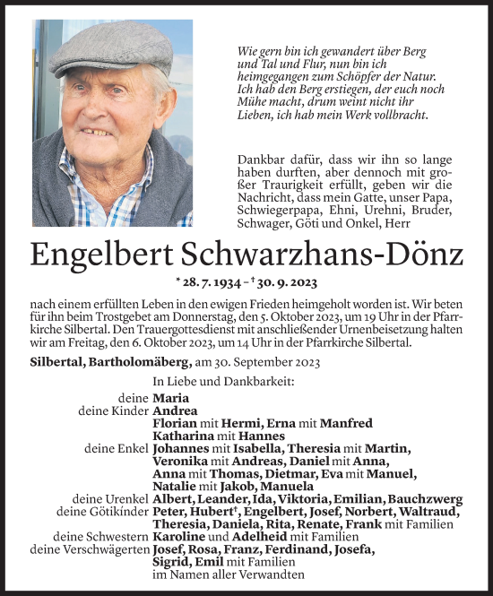 Todesanzeige von Engelbert Schwarzhans-Dönz von Vorarlberger Nachrichten