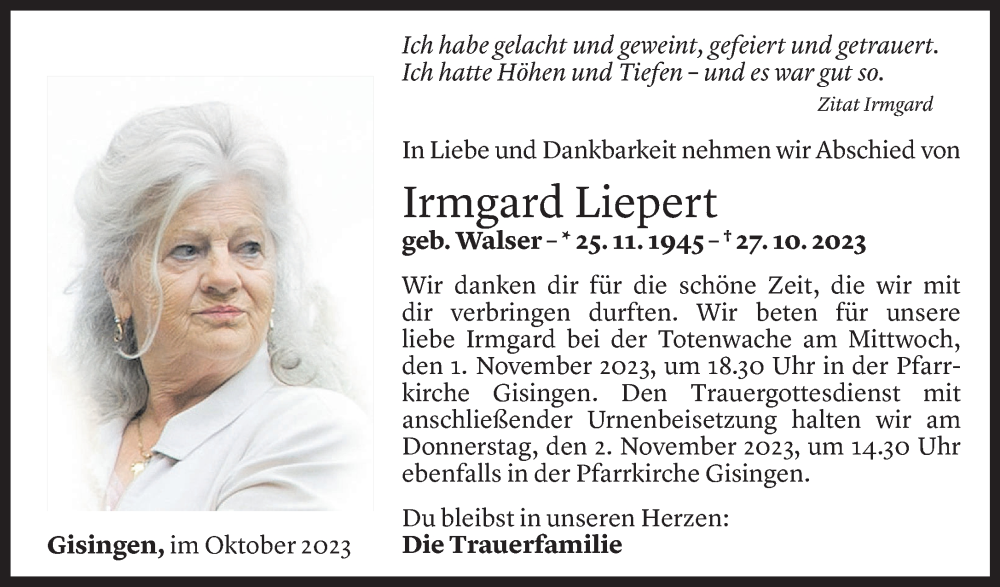  Todesanzeige für Irmgard Liepert vom 27.10.2023 aus Vorarlberger Nachrichten