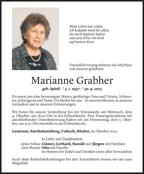 Todesanzeige von Marianne Grabher von Vorarlberger Nachrichten