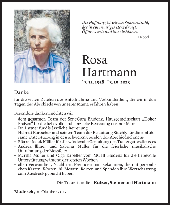 Todesanzeige von Rosa Hartmann von Vorarlberger Nachrichten