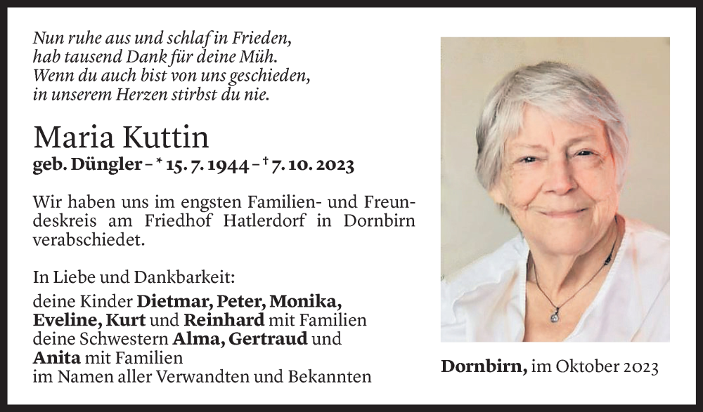  Todesanzeige für Maria Kuttin vom 16.10.2023 aus Vorarlberger Nachrichten