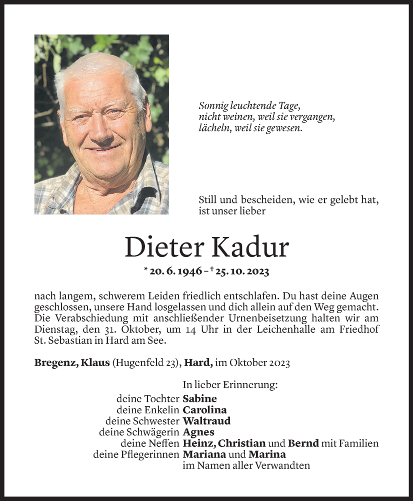  Todesanzeige für Dieter Kadur vom 27.10.2023 aus Vorarlberger Nachrichten