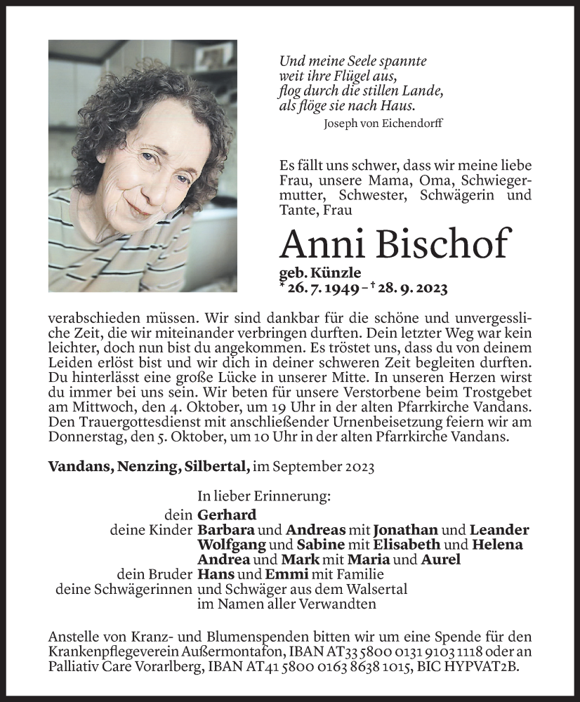  Todesanzeige für Anna Bischof vom 02.10.2023 aus Vorarlberger Nachrichten
