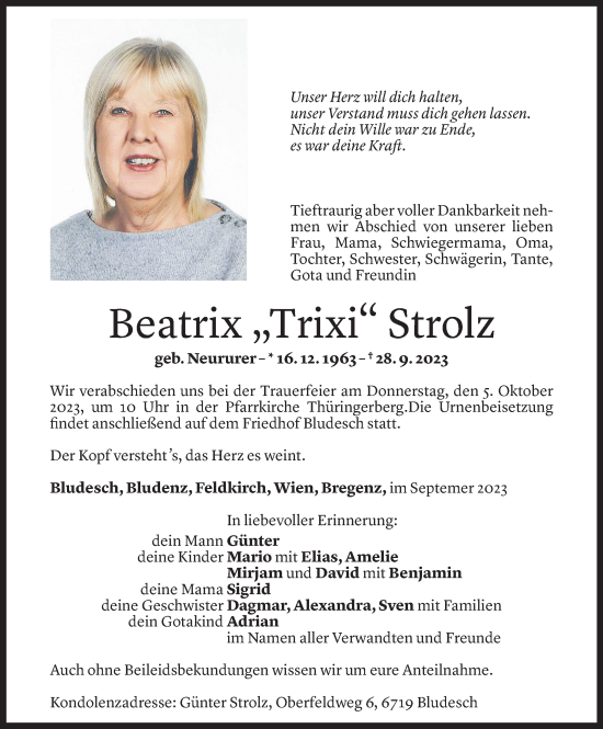 Todesanzeige von Beatrix Strolz von Vorarlberger Nachrichten