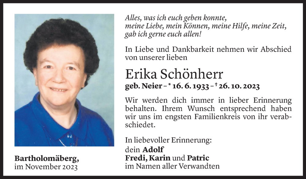  Todesanzeige für Erika Schönherr vom 04.11.2023 aus Vorarlberger Nachrichten