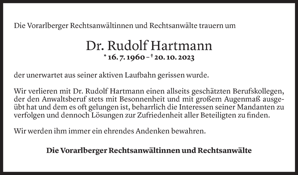  Todesanzeige für Rudolf Hartmann vom 25.10.2023 aus Vorarlberger Nachrichten