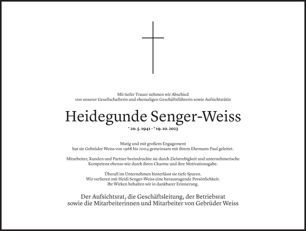  Todesanzeige für Heidegunde Senger-Weiss vom 21.10.2023 aus Vorarlberger Nachrichten