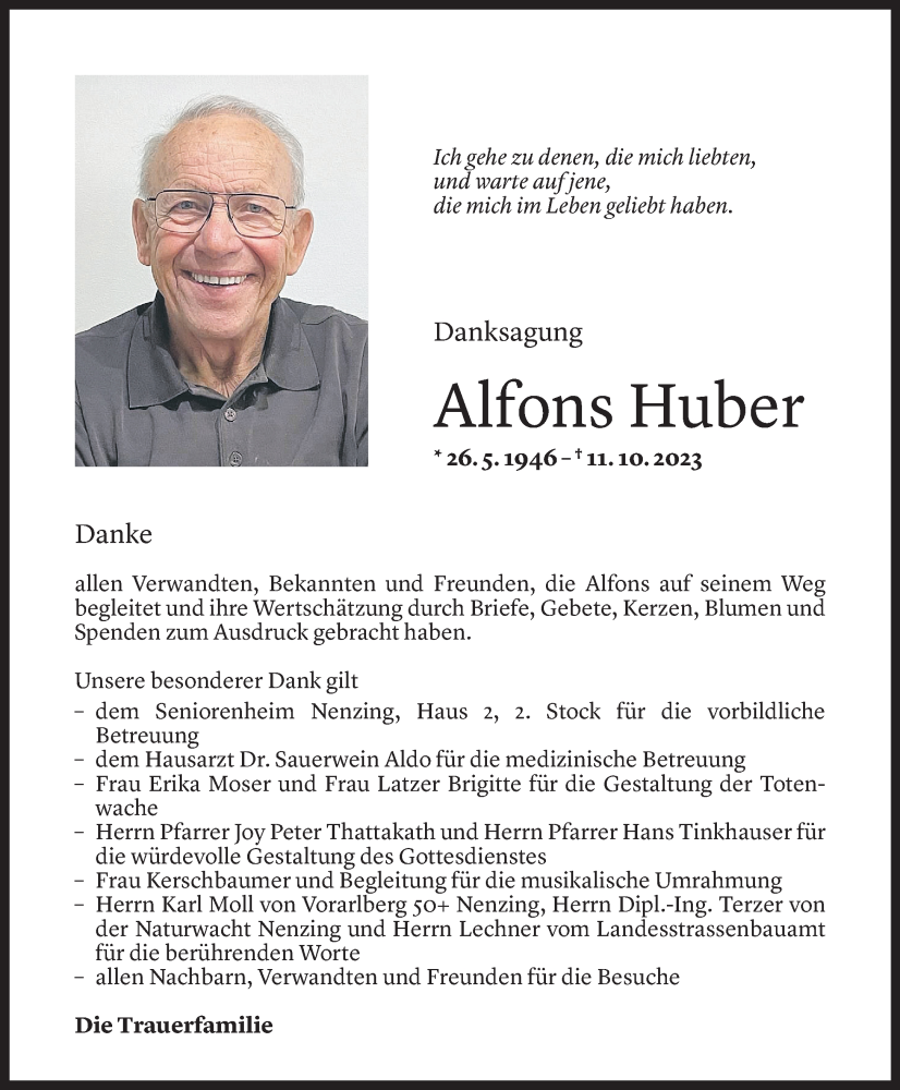 Todesanzeigen Von Alfons Huber | Todesanzeigen Vorarlberger Nachrichten