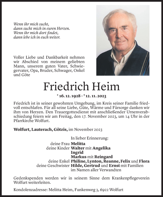 Todesanzeige von Friedrich Heim von Vorarlberger Nachrichten