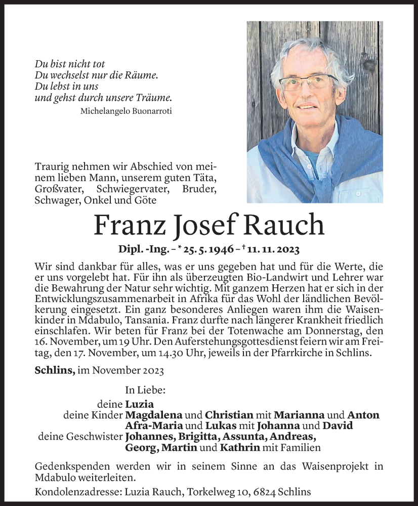  Todesanzeige für Franz Josef Rauch vom 14.11.2023 aus Vorarlberger Nachrichten