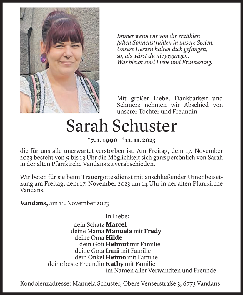  Todesanzeige für Sarah Schuster vom 15.11.2023 aus Vorarlberger Nachrichten