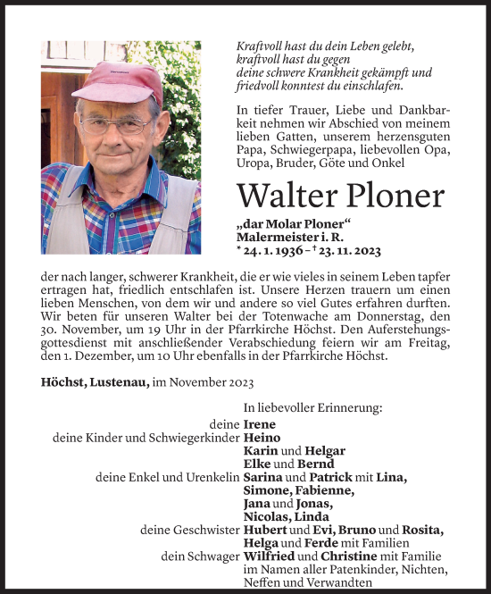 Todesanzeige von Walter Ploner von Vorarlberger Nachrichten