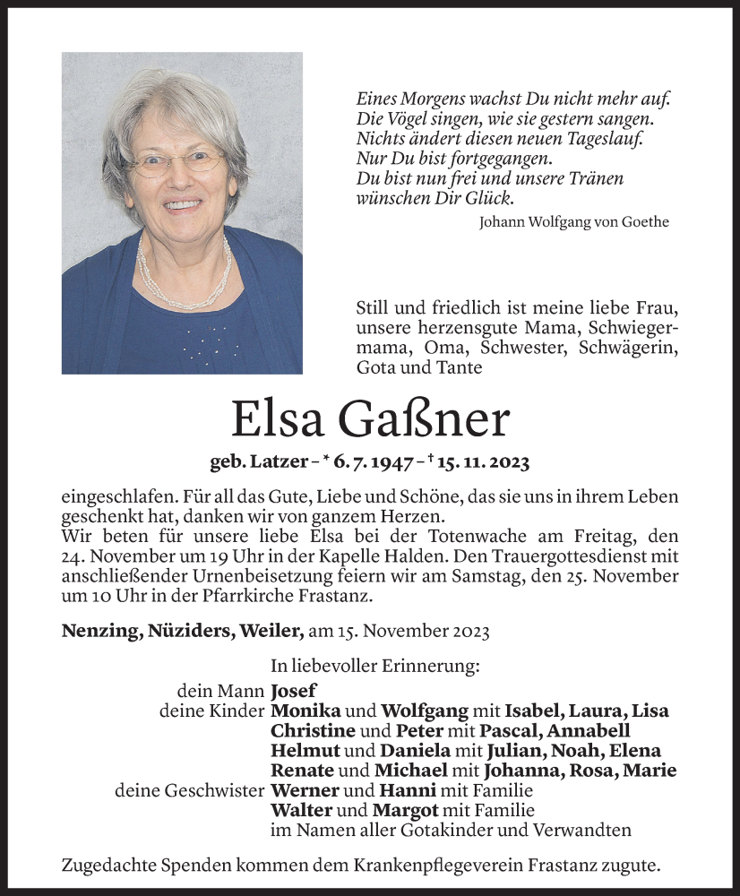  Todesanzeige für Elsa Gaßner vom 17.11.2023 aus Vorarlberger Nachrichten