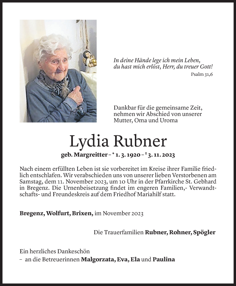  Todesanzeige für Lydia Rubner vom 08.11.2023 aus Vorarlberger Nachrichten