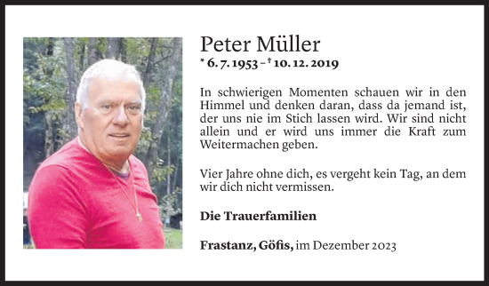 Todesanzeige von Peter Müller von Vorarlberger Nachrichten