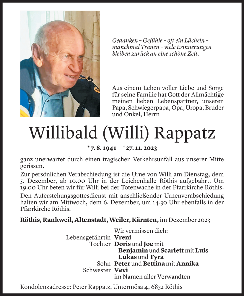  Todesanzeige für Willibald Rappatz vom 02.12.2023 aus Vorarlberger Nachrichten