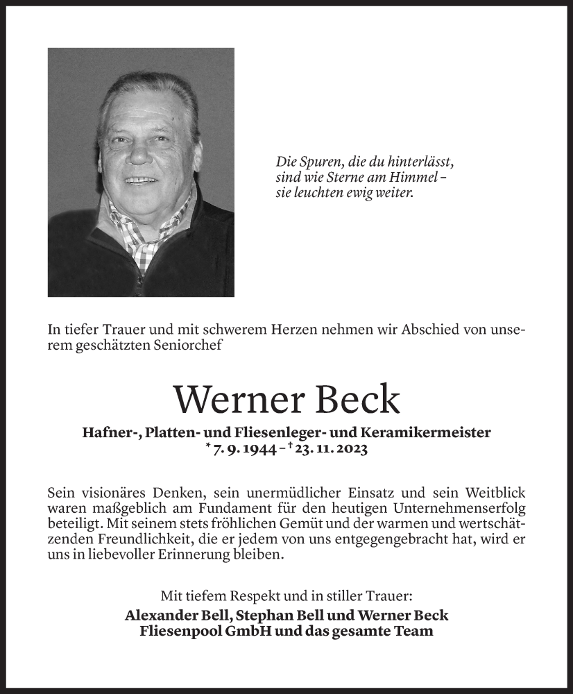  Todesanzeige für Werner Beck vom 28.11.2023 aus Vorarlberger Nachrichten