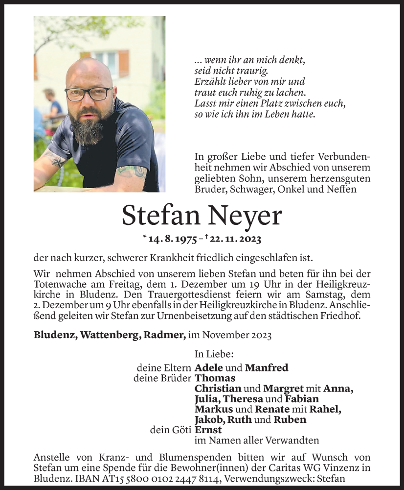  Todesanzeige für Stefan Neyer vom 29.11.2023 aus Vorarlberger Nachrichten