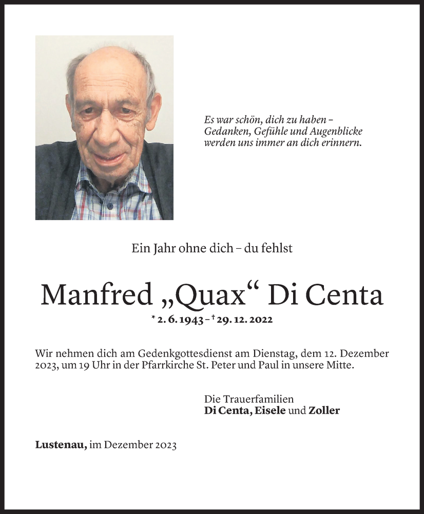  Todesanzeige für Manfred Di Centa vom 11.12.2023 aus Vorarlberger Nachrichten