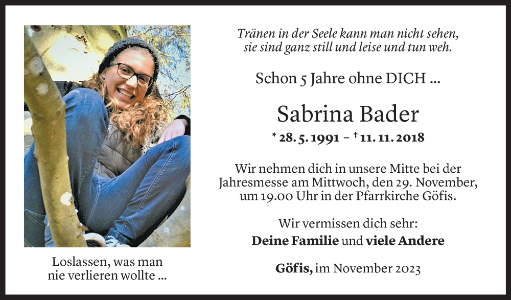  Todesanzeige für Sabrina Bader vom 11.11.2023 aus Vorarlberger Nachrichten