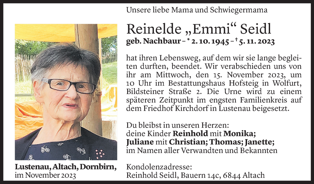  Todesanzeige für Reinelde Seidl vom 11.11.2023 aus Vorarlberger Nachrichten