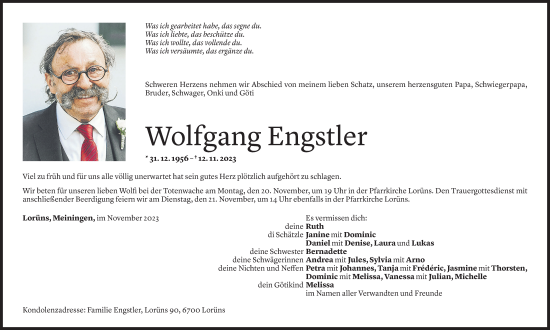 Todesanzeige von Wolfgang Engstler von Vorarlberger Nachrichten