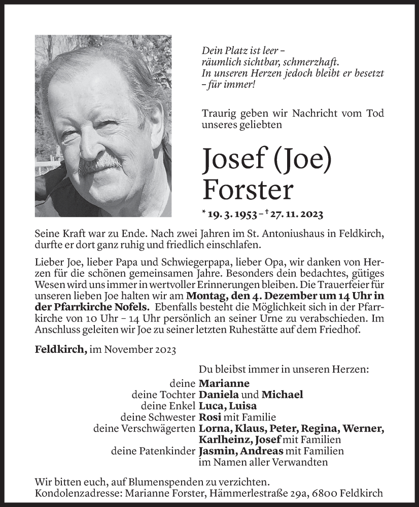  Todesanzeige für Josef Forster vom 01.12.2023 aus Vorarlberger Nachrichten