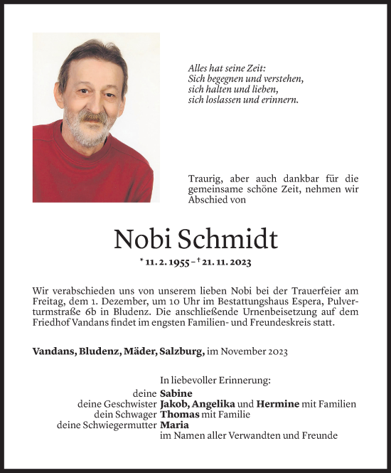 Todesanzeige von Norbert Schmidt von Vorarlberger Nachrichten