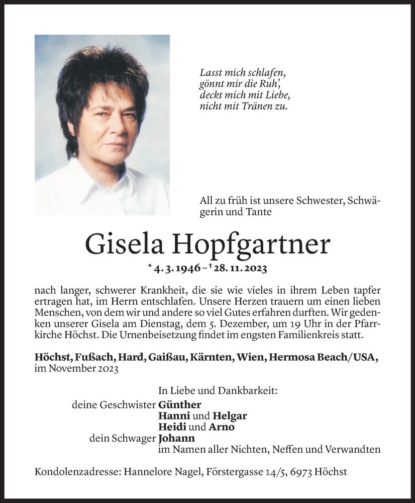  Todesanzeige für Gisela Hopfgartner vom 01.12.2023 aus Vorarlberger Nachrichten