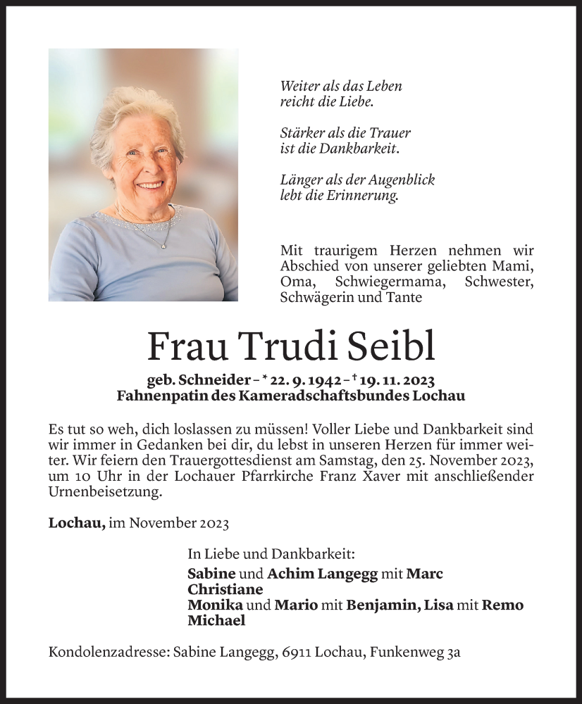  Todesanzeige für Trudi Seibl vom 23.11.2023 aus Vorarlberger Nachrichten