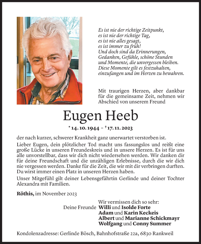  Todesanzeige für Eugen Heeb vom 28.11.2023 aus Vorarlberger Nachrichten