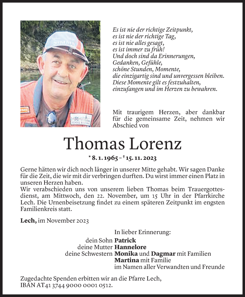  Todesanzeige für Thomas Lorenz vom 20.11.2023 aus Vorarlberger Nachrichten