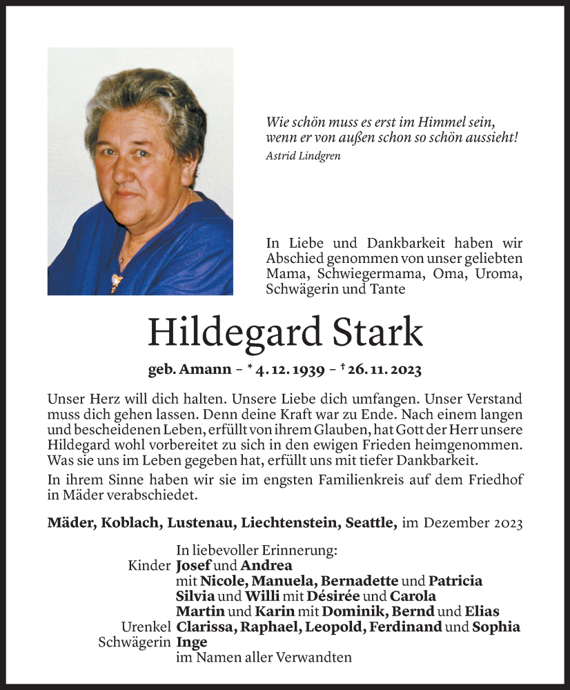  Todesanzeige für Hildegard Stark vom 02.12.2023 aus Vorarlberger Nachrichten