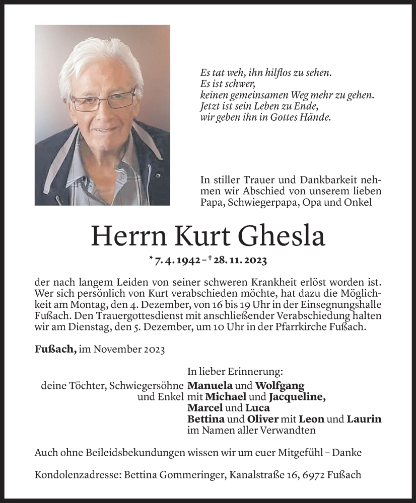  Todesanzeige für Kurt Ghesla vom 30.11.2023 aus Vorarlberger Nachrichten