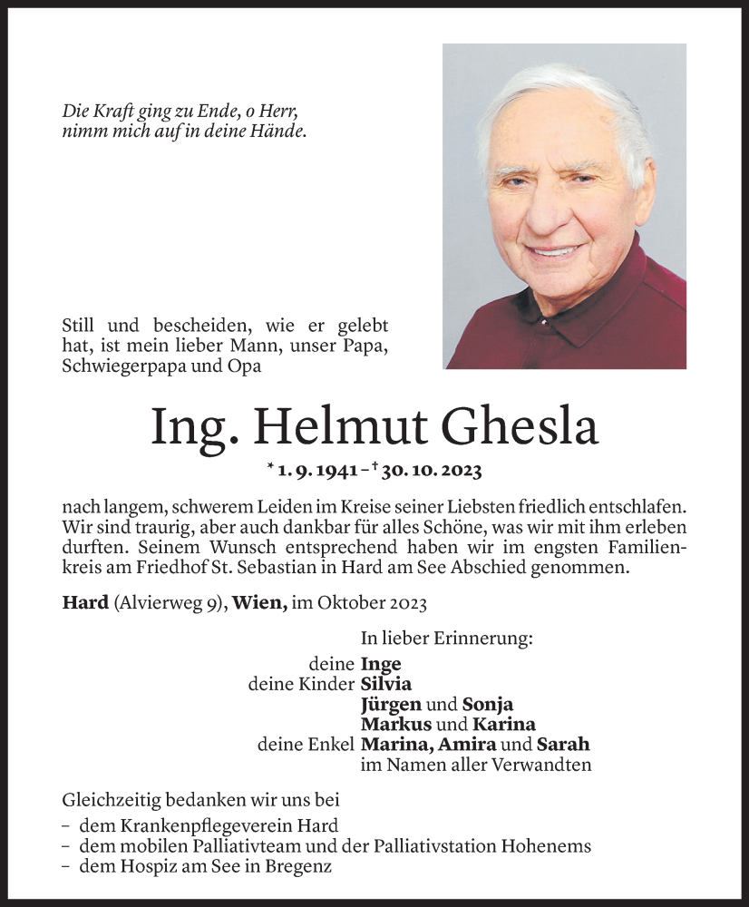  Todesanzeige für Helmut Ghesla vom 08.11.2023 aus Vorarlberger Nachrichten