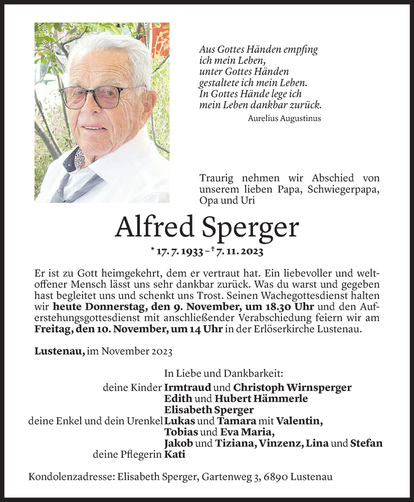  Todesanzeige für Alfred Sperger vom 09.11.2023 aus Vorarlberger Nachrichten