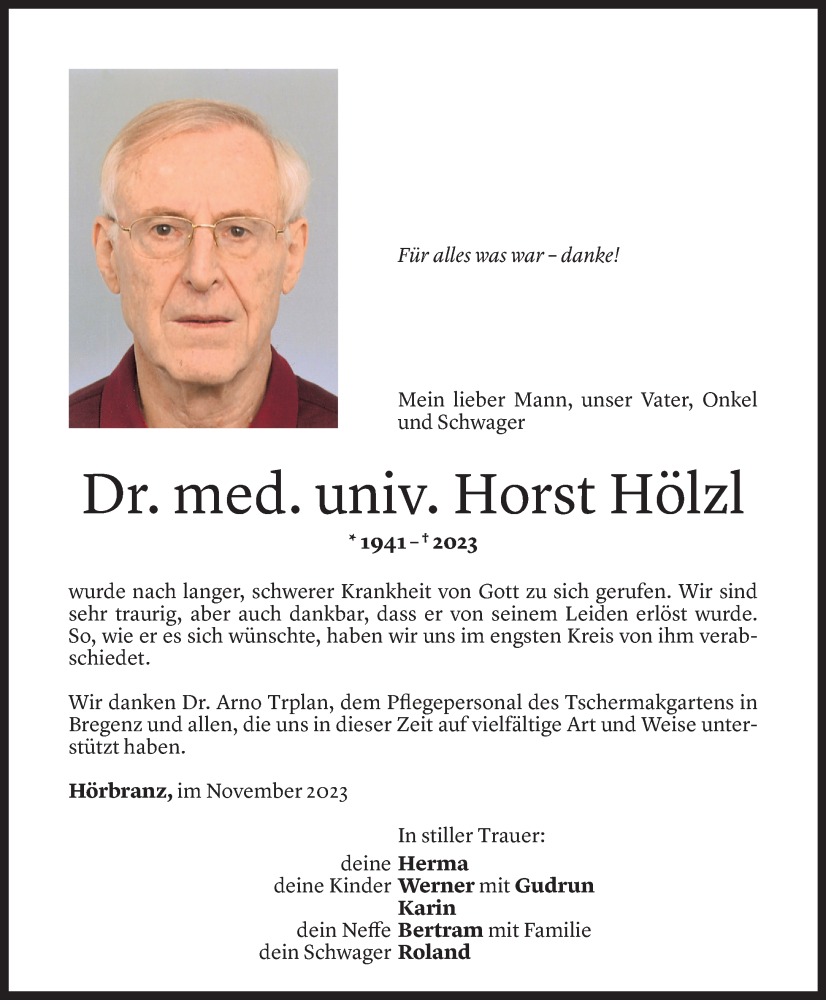  Todesanzeige für Horst Hölzl vom 06.11.2023 aus Vorarlberger Nachrichten